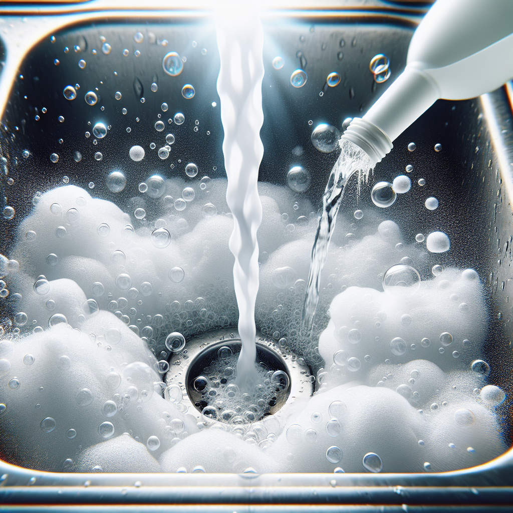 A vibrant, dynamic close-up shot of white baking soda fizzing vigorously in a clean stainless steel kitchen drain as clear vinegar is poured over it. Abundant bubbles and foam are visible, highlighting the chemical reaction. Bright and clean aesthetic, emphasizing the solution to eliminate odors.
