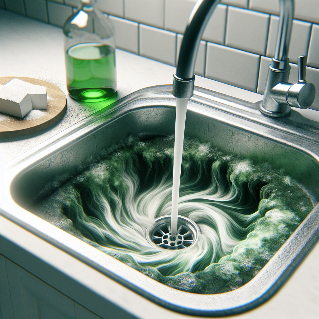 A close-up of a kitchen sink drain with visible unpleasant, swirling green vapor rising, symbolizing a bad odor. Next to the drain, a small mound of white baking soda and a clear bottle of vinegar are perfectly arranged on the sink's edge, suggesting a natural solution. The background is a subtly blurred, clean kitchen. Realistic photo, soft lighting, focus on the contrast between odor and solution.