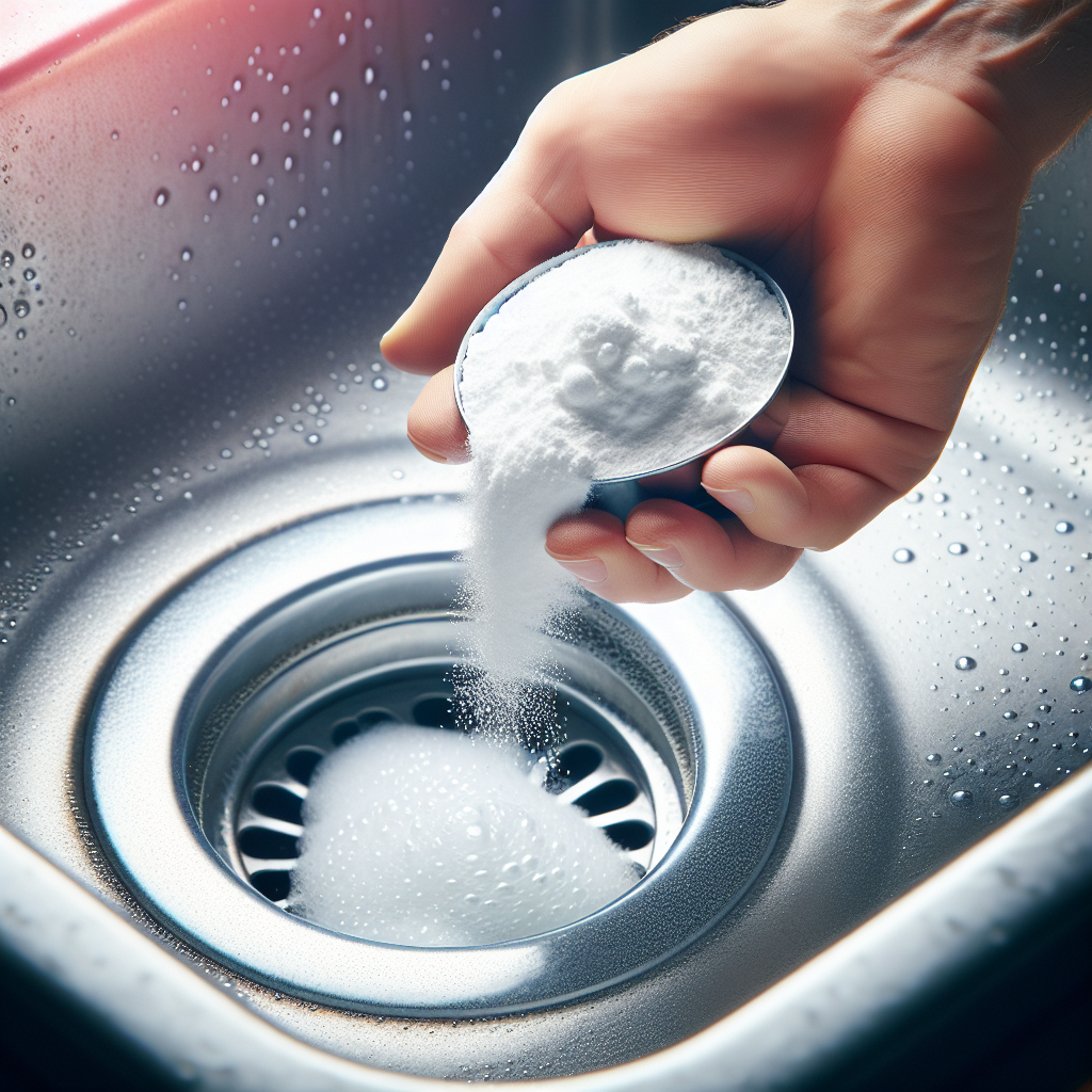 A hand gently pouring white baking soda powder into a kitchen sink drain. A subtle effervescent reaction with small bubbles is just starting in the drain. The scene emphasizes cleanliness, natural effectiveness, and a fresh feel, with bright, inviting lighting. Close-up, high detail, realistic photography style.