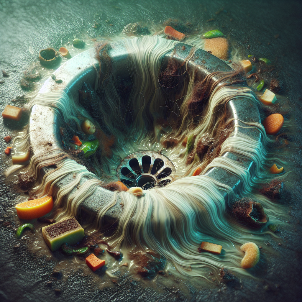 A close-up, slightly disgusted perspective of a dirty kitchen sink drain. Visible food scraps, greasy residue, and tangled hair are stuck around the drain opening. A faint, greenish-brown, wavy cloud of foul odor rises from the drain, indicating a strong unpleasant smell. Atmospheric, somewhat dim lighting. Photorealistic style.