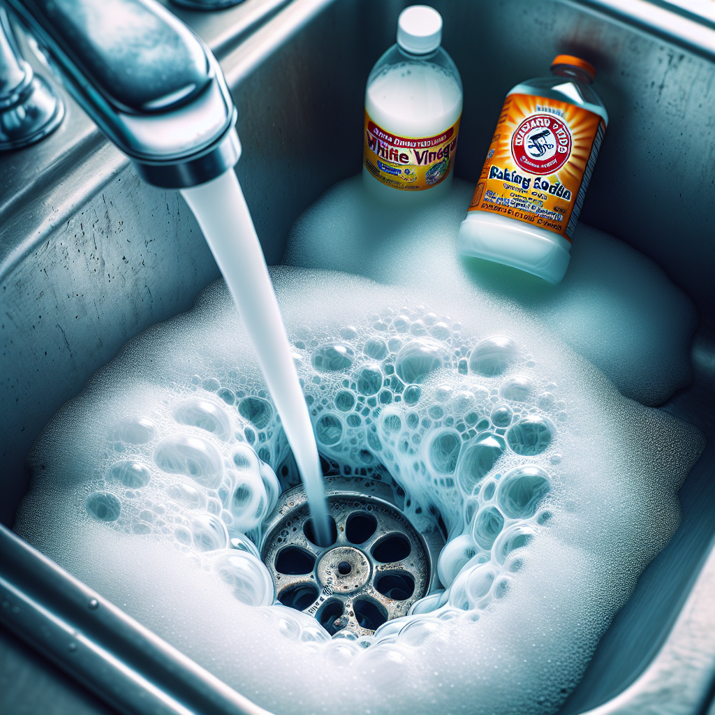 A vibrant, dynamic close-up shot of a bubbling chemical reaction happening inside a kitchen sink drain. White foam vigorously overflows from the drain opening, created by baking soda and white vinegar. A bottle of white vinegar and a small container of baking soda are neatly arranged on the clean stainless steel sink counter nearby. Bright, clean, and optimistic lighting. Macro photography style, highlighting the foam and reaction.