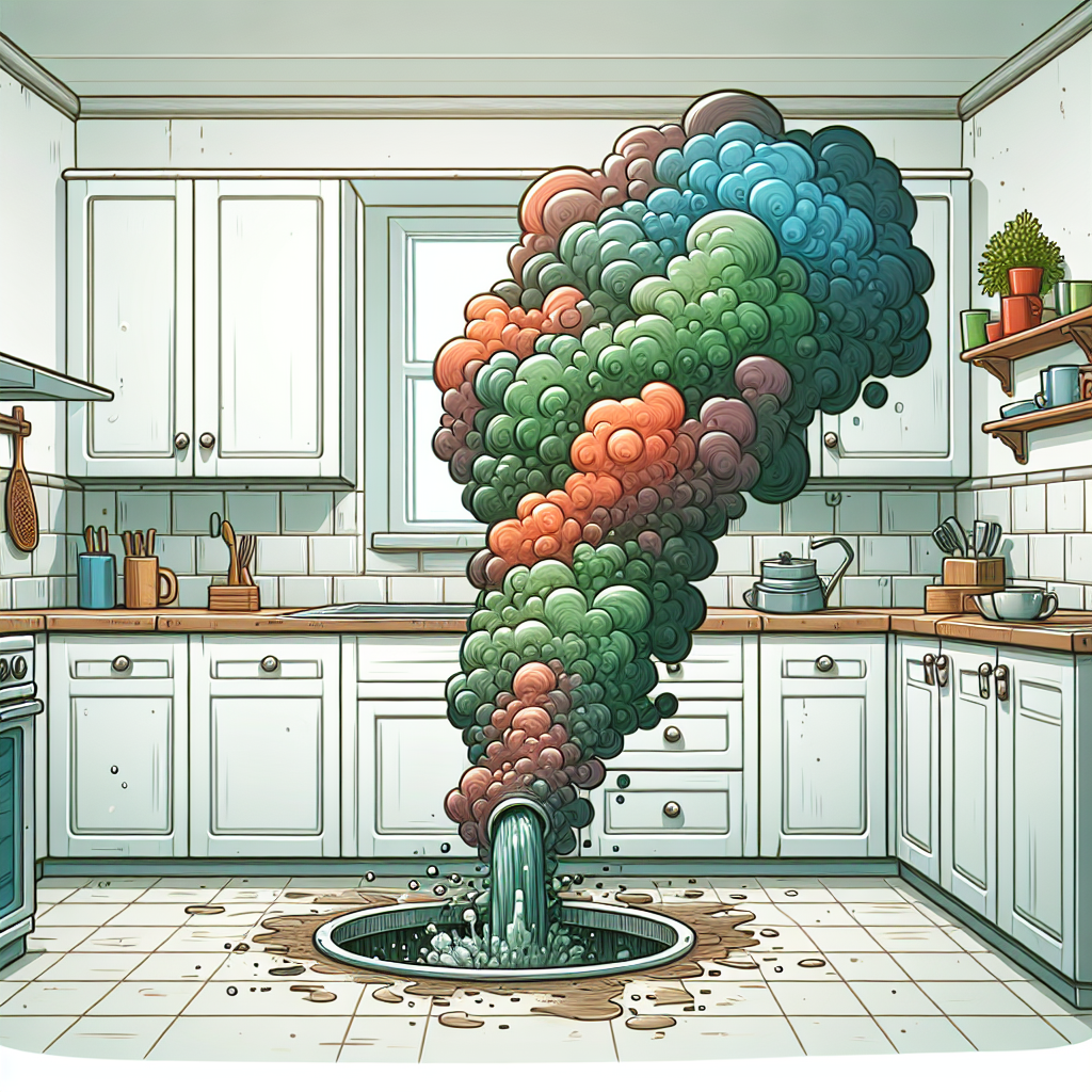 A stylized illustration showing a dark, swirling cloud of unpleasant green and brown fumes rising directly from a kitchen sink drain. The rest of the kitchen is clean and bright, emphasizing the localized problem. The overall mood is slightly uncomfortable, but not grotesque. Digital art, clean lines.