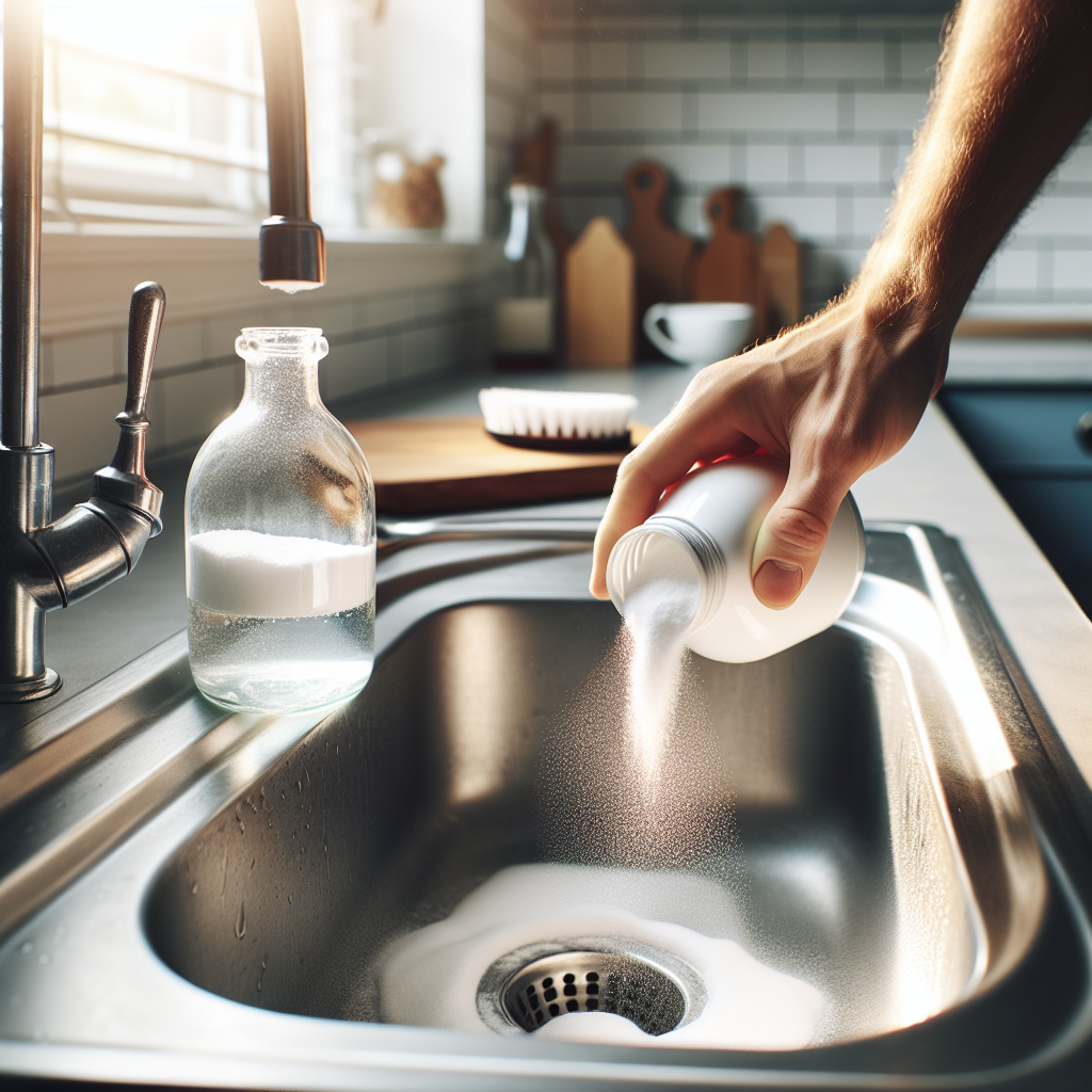A bright, clean image of a hand pouring white baking soda into a shiny kitchen sink drain. Next to it, a clear glass bottle of vinegar is visible on the countertop. Soft light, a sense of freshness and effectiveness. There's a subtle, almost magical sparkle around the drain, indicating cleaning. Photography style.