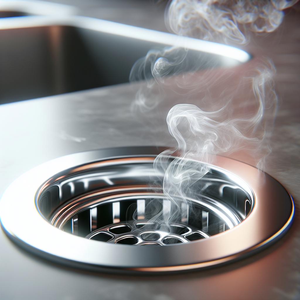 A close-up of a clean, modern kitchen or bathroom sink drain with a faint, visually unpleasant vapor or subtle steam gently rising from it, symbolizing an odor. The background is softly blurred, showing a clean and tidy countertop, hinting at the common problem in a domestic setting.