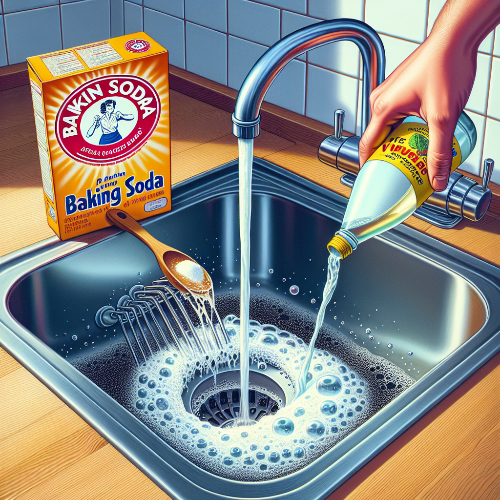 A dynamic shot capturing baking soda (Natron) being poured into a sink drain, immediately followed by vinegar (Essig) pouring in, creating a visible, active bubbling and fizzing reaction inside the drain. A box of baking soda and a bottle of vinegar are clearly visible on the clean countertop beside the sink, emphasizing the natural cleaning process.