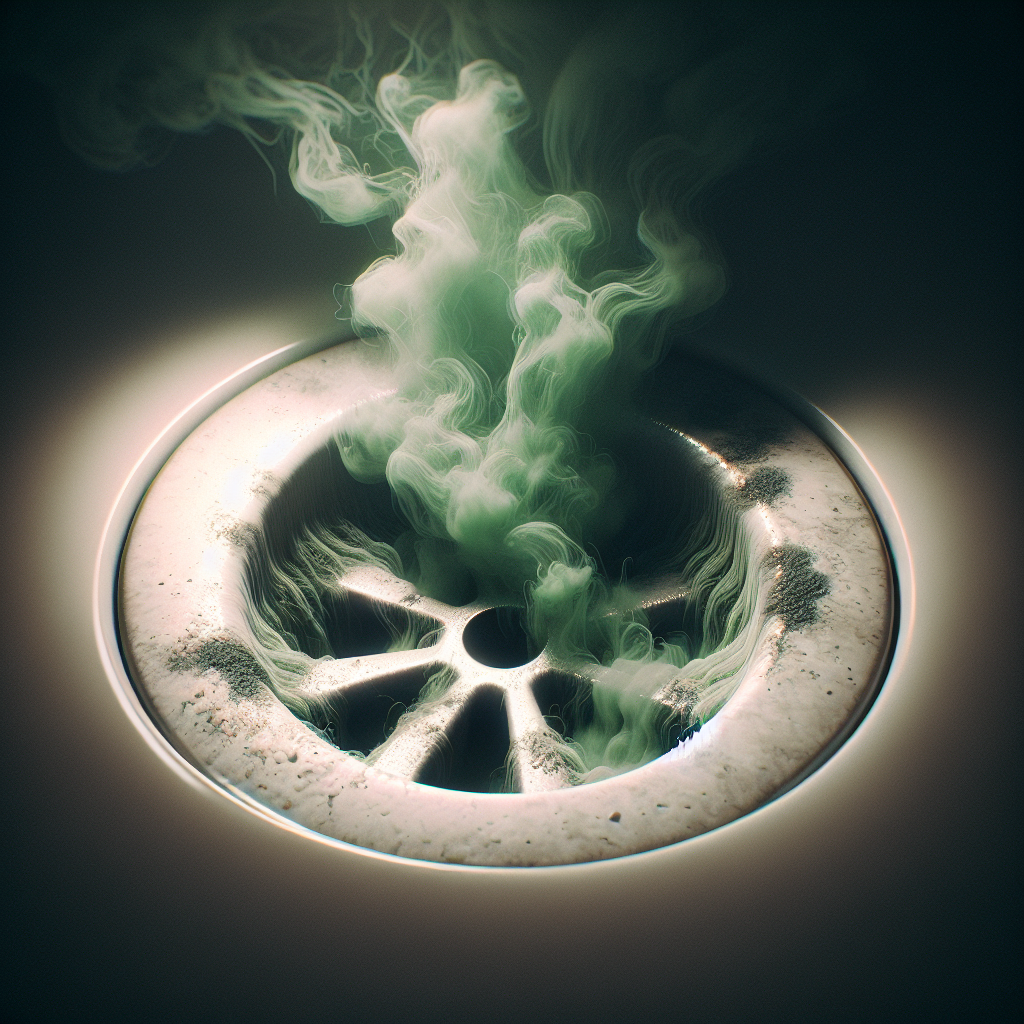 A close-up, slightly desaturated photo of a bathroom sink drain. Subtle, unsettling wisps of greenish-grey vapor are visibly emanating from the drain, suggesting a foul, moldy odor. There are faint traces of grime or residue around the drain opening, emphasizing the source of the problem. The lighting is dim, creating a slightly uncomfortable mood, realistic style.
