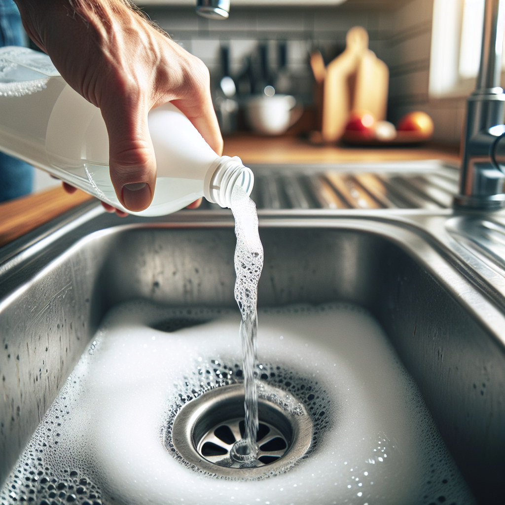 A high-angle, clean photographic shot of a hand pouring a stream of white vinegar into a kitchen sink drain. The drain previously had baking soda poured into it, and a gentle fizzing reaction is visible as the vinegar makes contact. The background is slightly blurred, focusing on the action of cleaning and problem-solving, with bright, natural lighting.