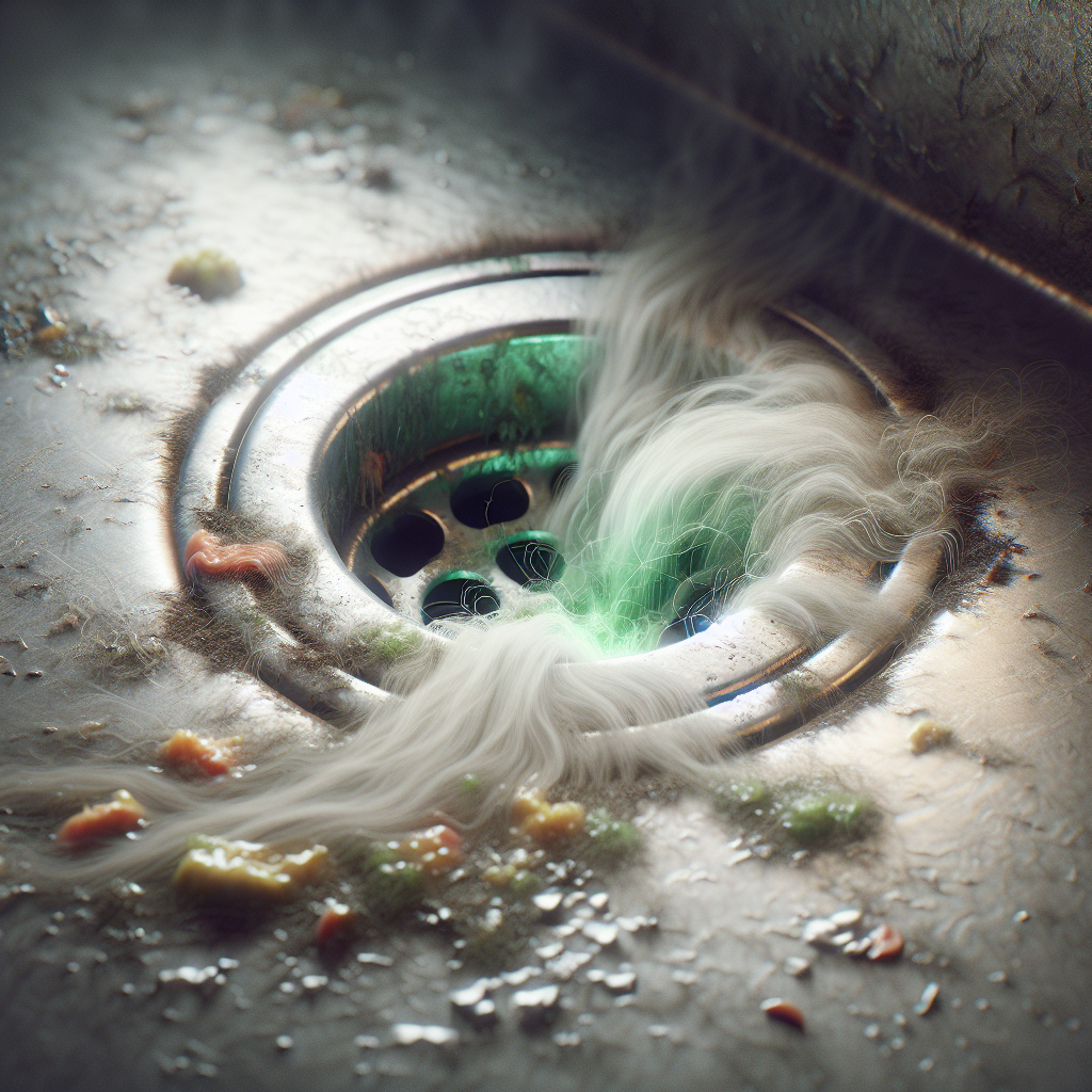 A close-up, realistic photo of a kitchen sink drain emitting subtle, unpleasant, slightly green-tinged fumes. Around the drain, there are visual cues of grease, small food particles, and hair, hinting at the source of the bad smell. The setting is a slightly grimy but recognizable kitchen sink.