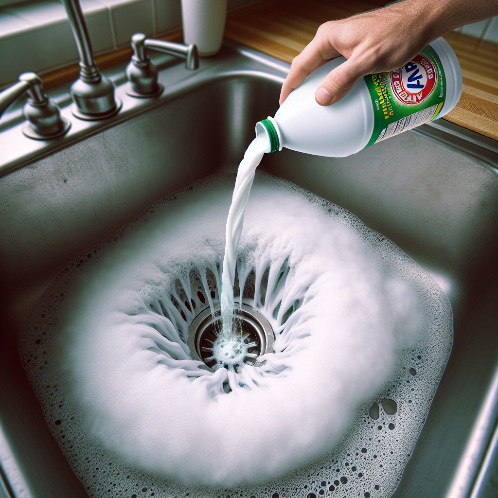 A close-up, realistic photo of a hand pouring clear white vinegar into a kitchen sink drain that already contains a pile of white baking soda. The mixture is actively fizzing and bubbling, creating a small cloud of foam and a dynamic chemical reaction within the drain. The background is softly blurred.