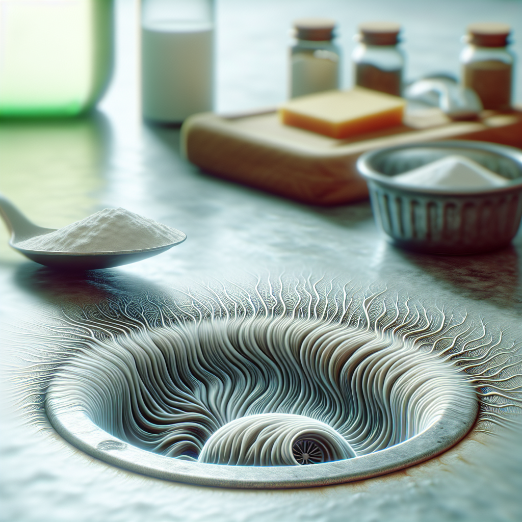 A close-up, realistic image of a kitchen sink drain with subtle, translucent, unpleasant grey-green wavy lines or mist emanating from it, symbolizing bad odor. In the soft, out-of-focus background, simple, natural ingredients like a container of baking soda and a bottle of vinegar are visible, hinting at a home remedy. Soft, natural lighting.