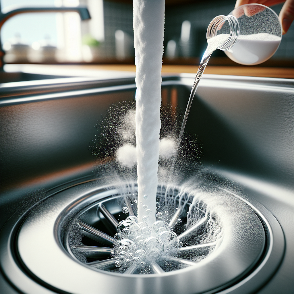 A dynamic, high-detail close-up shot of white baking soda powder being poured into a clean chrome kitchen sink drain, immediately followed by a stream of clear vinegar creating a gentle, natural-looking fizzing and bubbling reaction within the drain. The background is a slightly blurred modern kitchen counter. Bright, natural lighting.