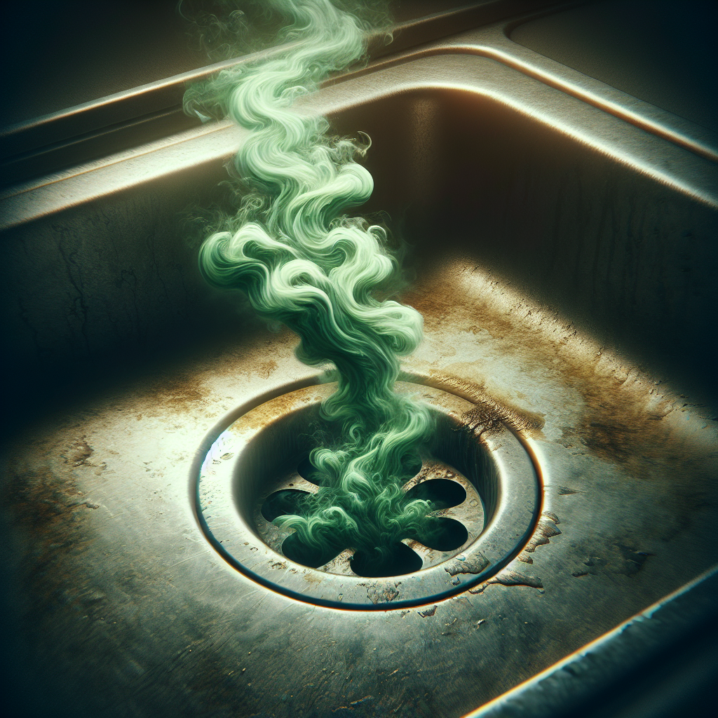 A dramatic close-up of a kitchen sink drain with a swirling, foul-smelling, greenish-brown vapor rising from it, visually representing an unpleasant odor. The sink basin is slightly grimy, emphasizing the problem. Atmospheric, realistic photo style.