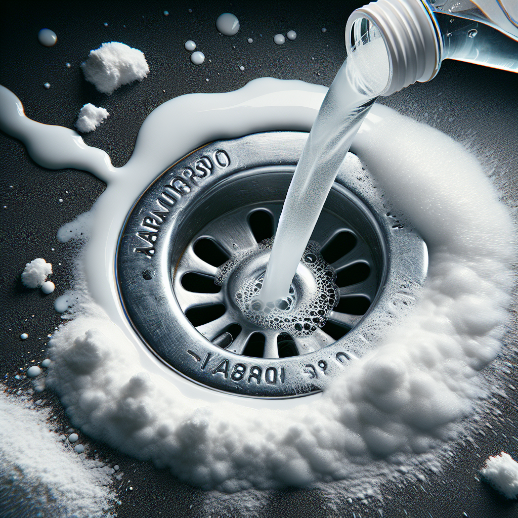 A vivid close-up of a bathroom sink drain. White baking soda powder is visible around the drain opening, with a clear stream of vinegar actively pouring onto it, creating a strong, effervescent, white foam. The scene suggests a powerful cleaning reaction. Bright, clear, realistic photo style.