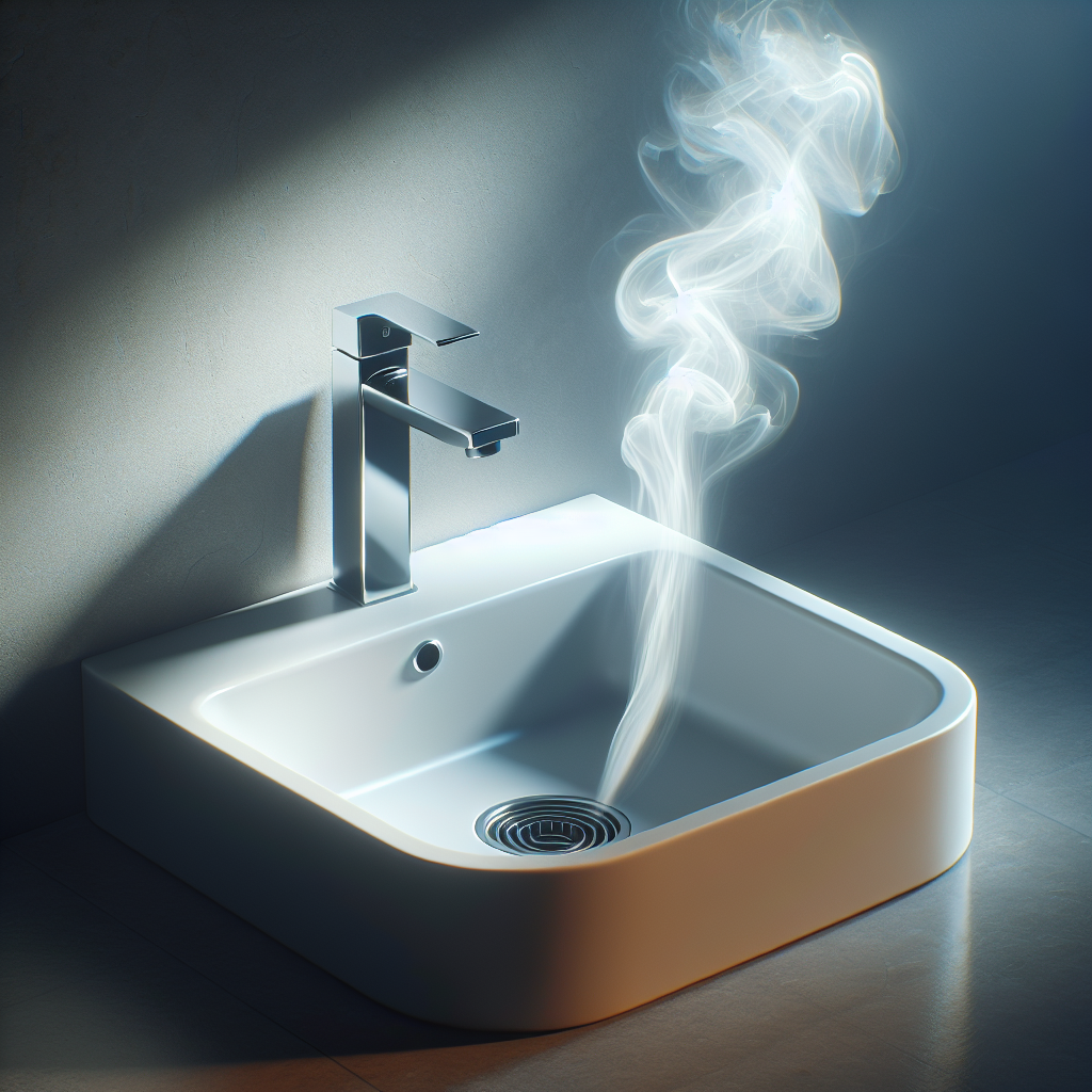 A clean, modern bathroom sink with a subtle, almost invisible cloud of unpleasant odor gently rising from the drain, suggesting hidden grime or stale water, realistic photo, soft morning light, a slightly melancholic atmosphere.
