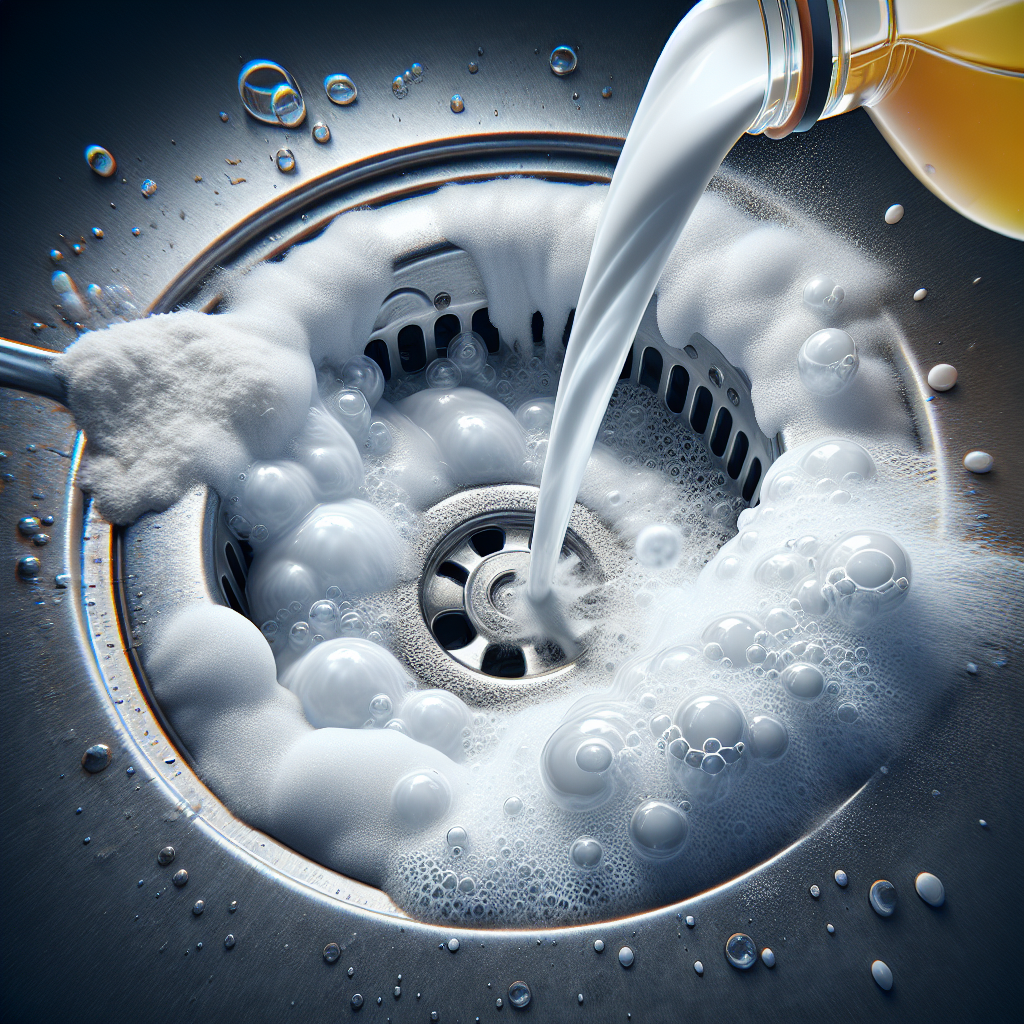 A close-up shot of baking soda bubbling vigorously as vinegar is poured into a sparkling clean bathroom sink drain, creating a dynamic, foamy reaction, bright and clear lighting, realistic, high detail, focus on the cleaning process.