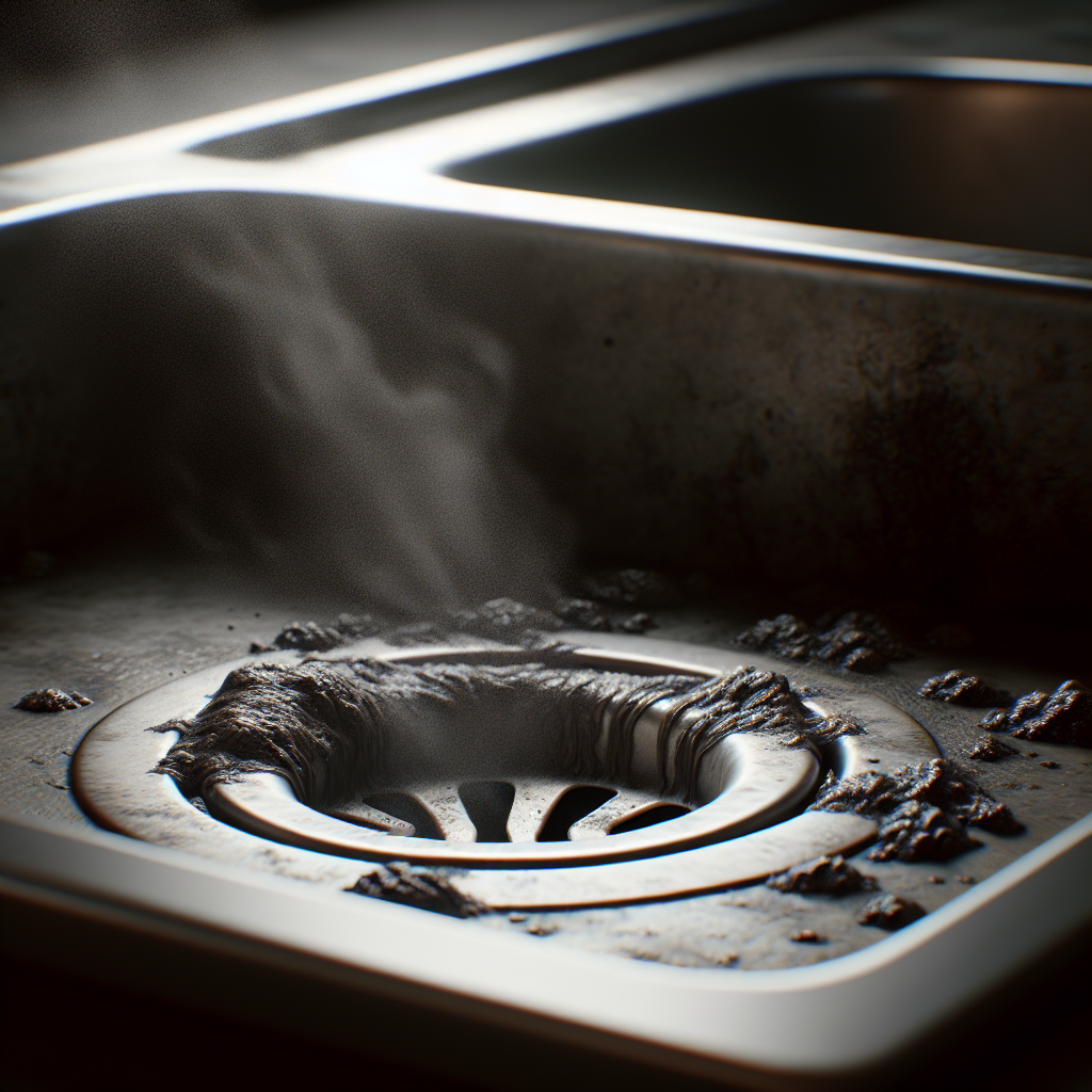 A close-up of a kitchen sink drain, appearing dirty and neglected, with visible grime and a subtle, dark vapor rising from it to symbolize a foul odor. The overall atmosphere is dim and slightly unsettling, emphasizing the unpleasantness of a smelly drain. Focus on the drain opening and the accumulated dirt.