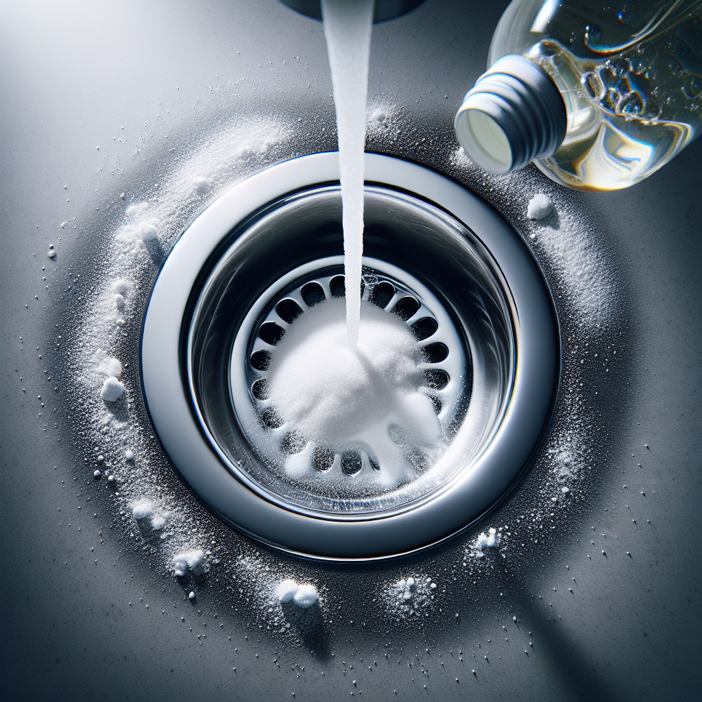A top-down view of a clean, modern bathroom sink drain. White baking soda is sprinkled inside the drain opening, and a stream of vinegar is being poured onto it, creating a lively fizzing and bubbling reaction. The scene is bright and fresh, with a sense of action and effective cleaning.