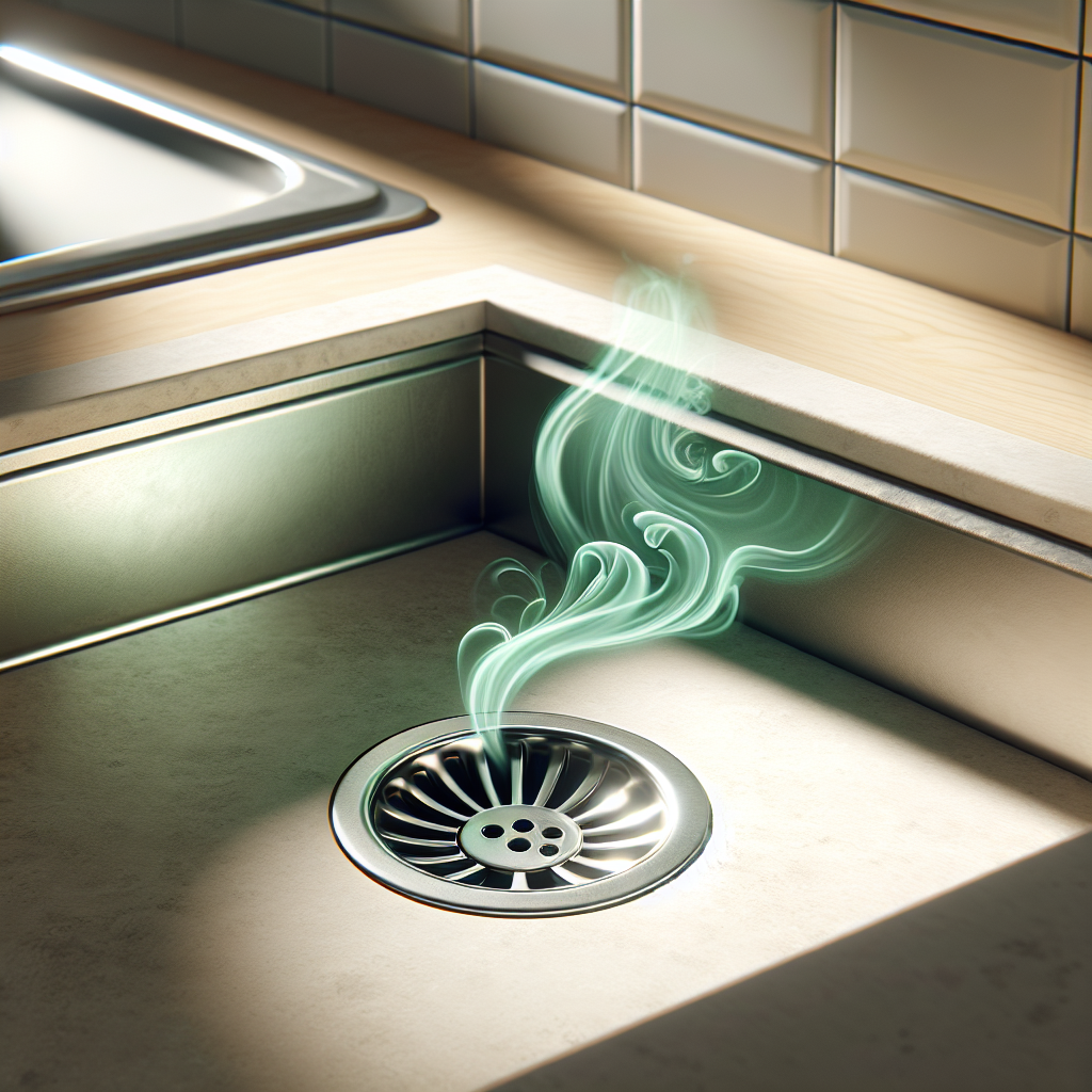 A close-up, slightly elevated shot of a modern kitchen sink drain, with a subtle, stylized light green haze gently emanating from it, visually representing an unpleasant odor. The surrounding sink area is clean and contemporary, emphasizing the unexpected nature of the smell. Soft, natural lighting.