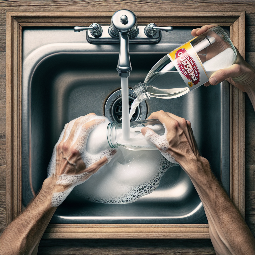 A pair of hands, appearing to be an adult's, actively pouring white baking soda powder into a clean kitchen sink drain, followed by clear vinegar being poured from a bottle, creating a gentle, satisfying fizzing action with light foam. The background shows a bright, tidy kitchen, conveying a sense of natural cleaning and problem-solving.