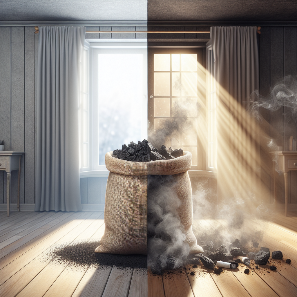 A conceptual split-scene image demonstrating transformation: On the left, a slightly hazy, dimly lit interior room with lingering cigarette smoke visibly floating in the air, creating a stale atmosphere. On the right, the exact same room, now bright, airy, and fresh, with sunlight streaming in through a window, completely clear of smoke. In the foreground, a small, discreet fabric bag filled with activated charcoal is positioned as the catalyst for this change. Realistic, high-quality rendering, sharp contrast between the two sides.