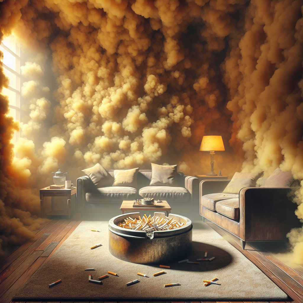 A dimly lit, slightly aged living room with a thick, unpleasant, yellowish-brown haze permeating the air, clearly indicating a lingering, strong nicotine smell. An old ashtray filled with cigarette butts sits on a coffee table, contributing to the stale and unwelcoming atmosphere. The scene evokes a sense of persistent odor, photorealistic.
