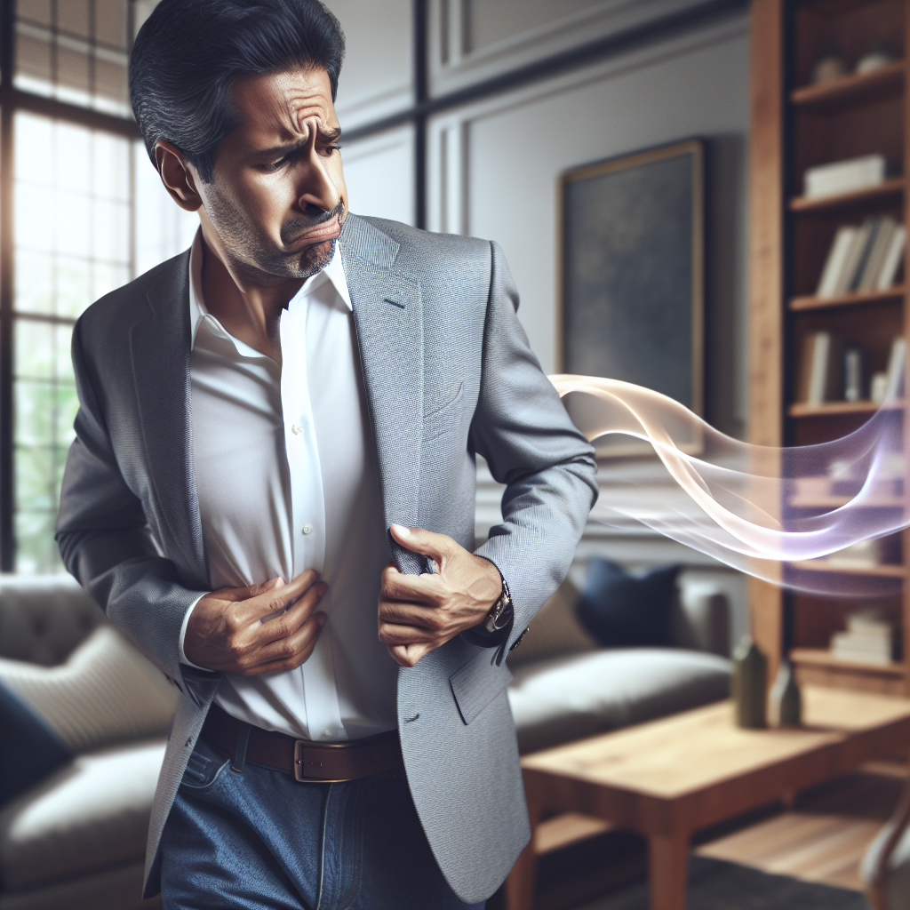 A person in a modern, clean-lined home interior, looking slightly concerned or self-conscious, subtly smelling their own breath or the sleeve of their shirt. A very faint, translucent, abstract visual representation of an unpleasant, lingering odor is subtly emanating, perhaps as a gentle wavy distortion in the air or a very light, almost invisible purple haze. The overall mood is one of slight embarrassment and the need for a solution. Realistic photo.