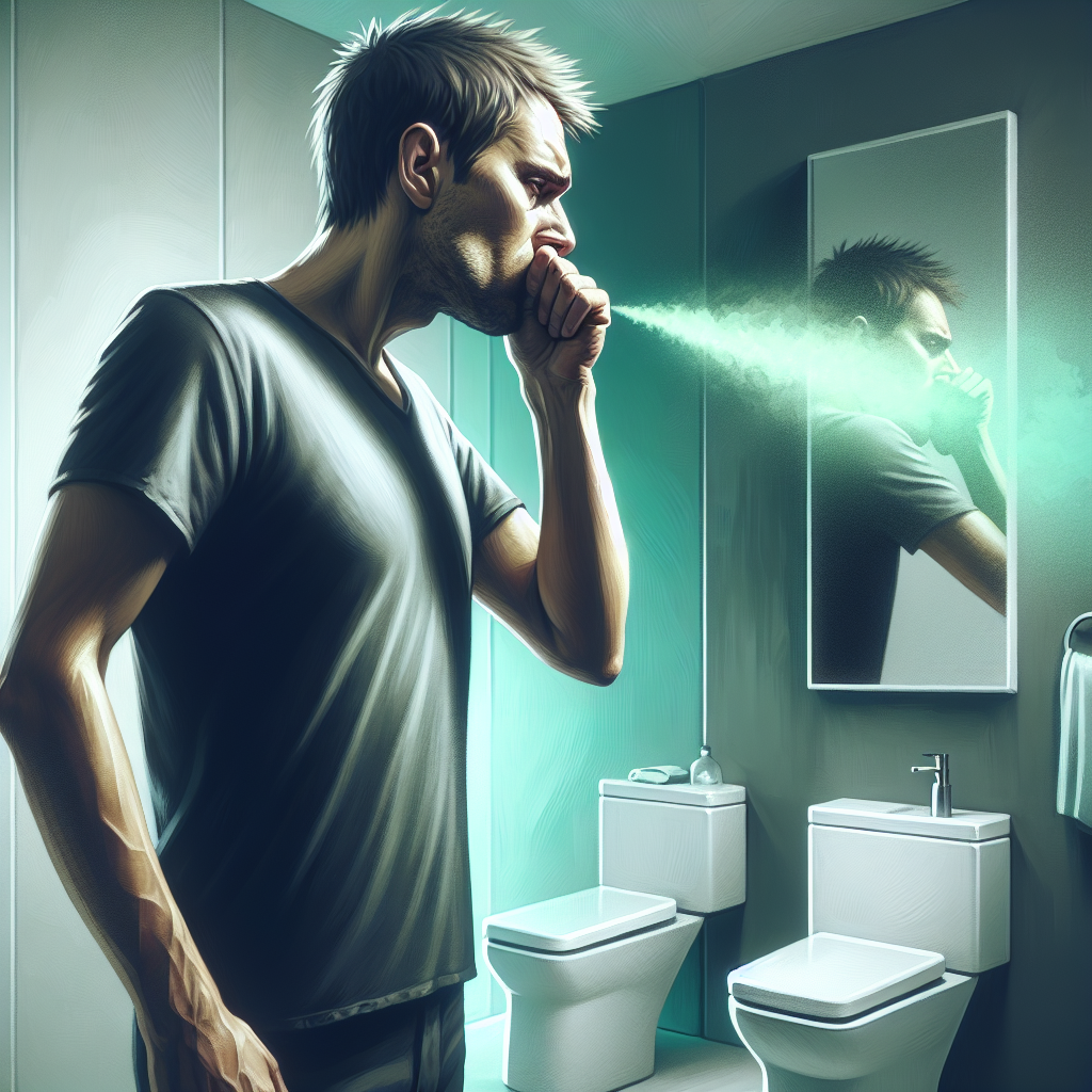 A person, early 30s, looking slightly tired and self-conscious, discreetly checking their breath with their hand in a bright, modern bathroom setting on a morning after a night out. A very subtle, ethereal, light greenish mist visually emanates from their mouth, representing the lingering alcohol breath. The atmosphere is relatable and slightly muted, emphasizing the embarrassment.