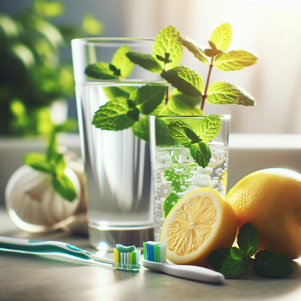 A vibrant and clean still life composition showcasing various effective remedies for alcohol breath: a toothbrush with fresh toothpaste, a clear glass of water, a few crisp mint leaves, and a bright lemon wedge, all neatly arranged on a clean, light-colored bathroom counter. The background is softly blurred. Emphasize freshness, hygiene, and a sense of relief and effectiveness. Bright, natural lighting.
