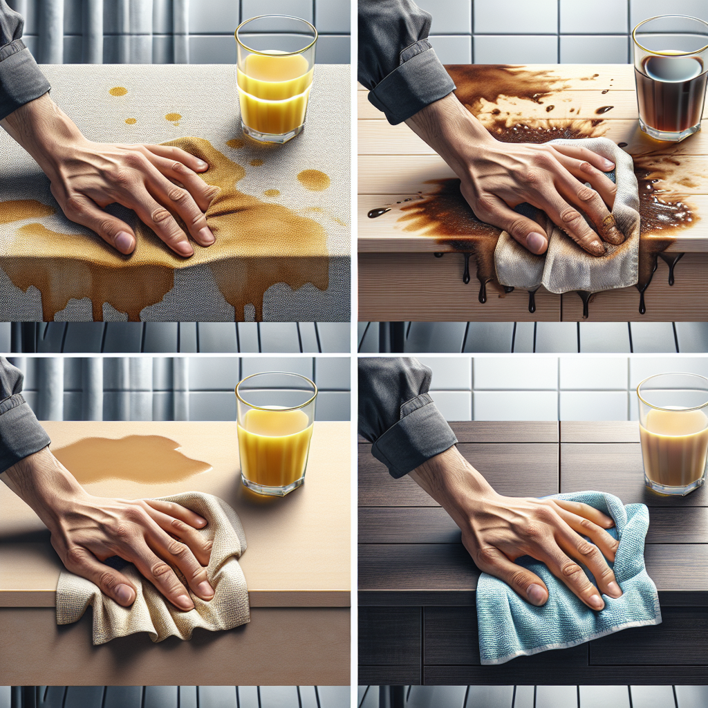 A highly detailed, realistic image showing a person's hands effectively removing various stubborn, old stains from different household surfaces. On one side, there are challenging, dried stains like coffee on a light fabric, grease on a wooden table, and dried paint on a tile. On the other side, the same surfaces are pristine and clean, illustrating the successful removal. The hands are holding a simple cleaning cloth or sponge, implying ease and effectiveness. The lighting is bright and clean, emphasizing the transformation. Realistic photography style.