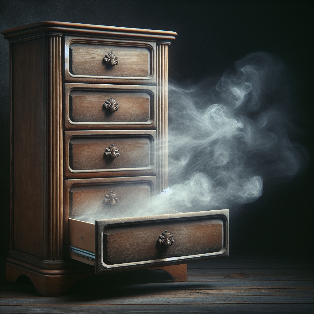 Ein altes, muffig riechendes Holzmöbelstück, wie ein antiker Schrank oder eine Kommode, steht in einem leicht dunklen Raum. Eine subtile, wirbelnde Wolke aus gräulich-braunem Dunst steigt sichtbar aus den Schubladen oder dem Inneren auf, die den unangenehmen, alten Geruch symbolisiert. Das Möbelstück sieht gebraucht und etwas vernachlässigt aus. Realistisches Foto, atmosphärische Beleuchtung.