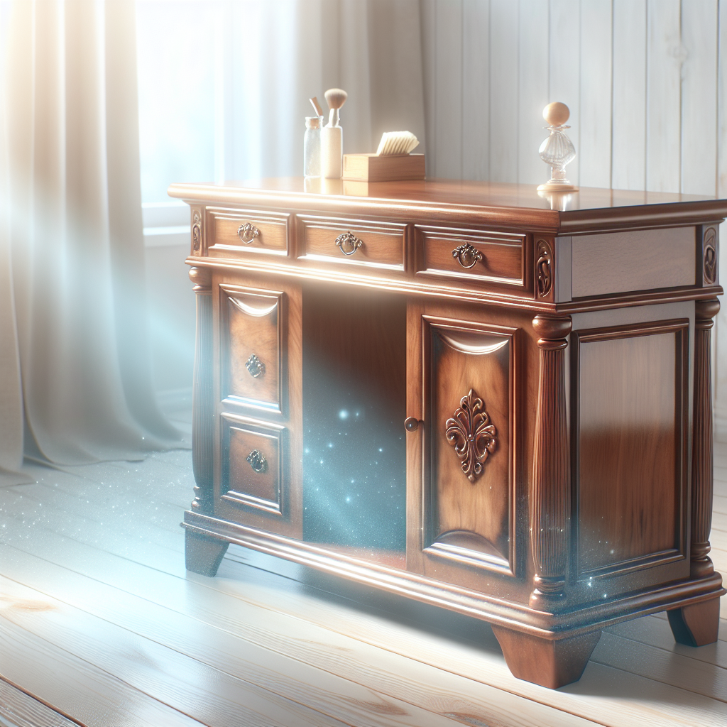 Ein frisch gereinigtes, strahlendes Vintage-Holzmöbelstück, wie ein Schreibtisch oder eine Vitrine, steht in einem hellen, luftigen Raum. Sonnenlicht strömt durch ein Fenster und lässt das Holz glänzen. Eine zarte, fast unsichtbare, leuchtende Aura oder ein Hauch von frischer Luft umgibt das Möbel, um einen sauberen und angenehmen Duft darzustellen. Die Szene vermittelt Frische und Erneuerung. Realistisches Foto, heller und optimistischer Stil.