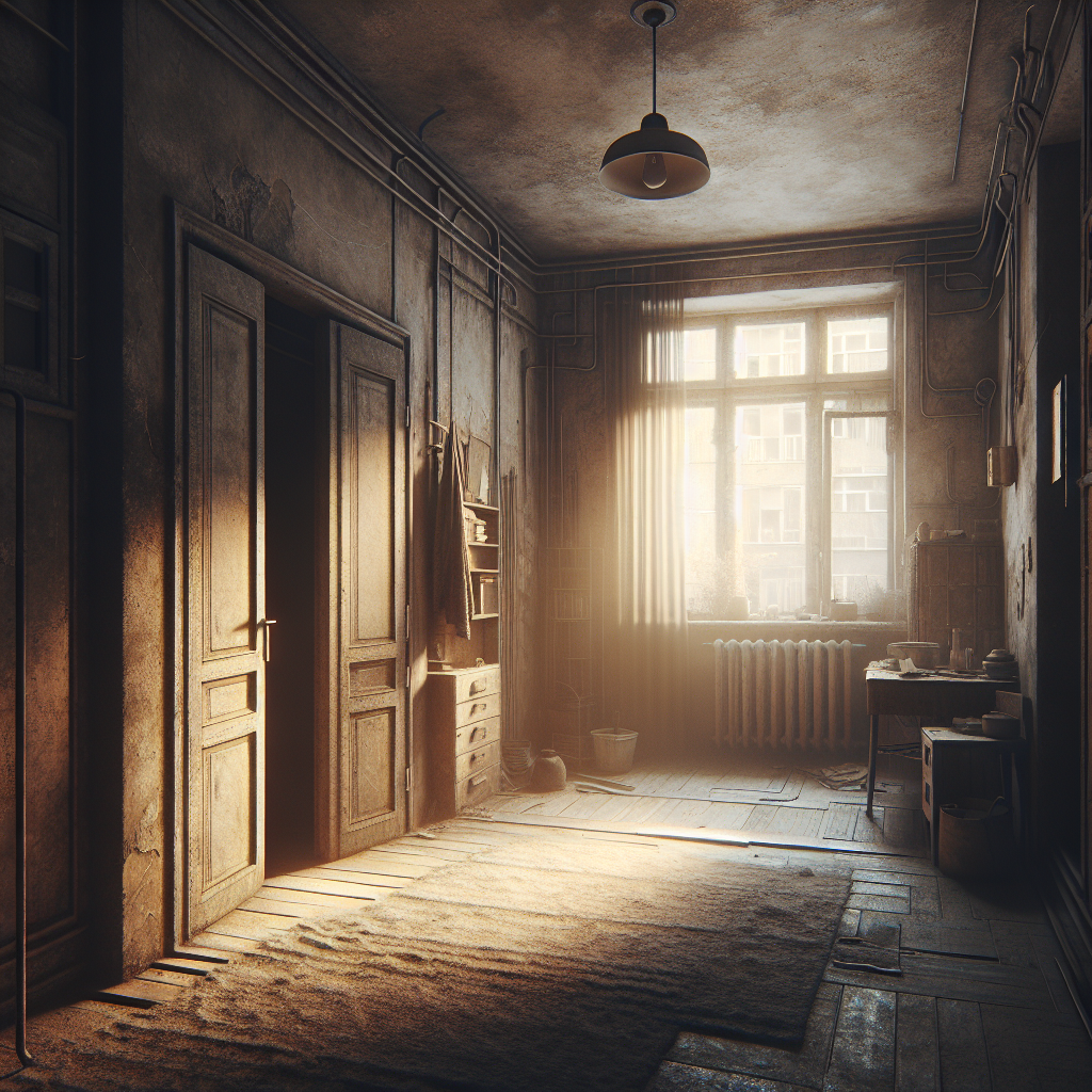 A slightly muted, somewhat dusty apartment interior, depicting a sense of 'old smell' with a lack of vibrancy and closed-off atmosphere. Soft, dim light filters through, highlighting a subtle stagnation. Realistic, atmospheric.
