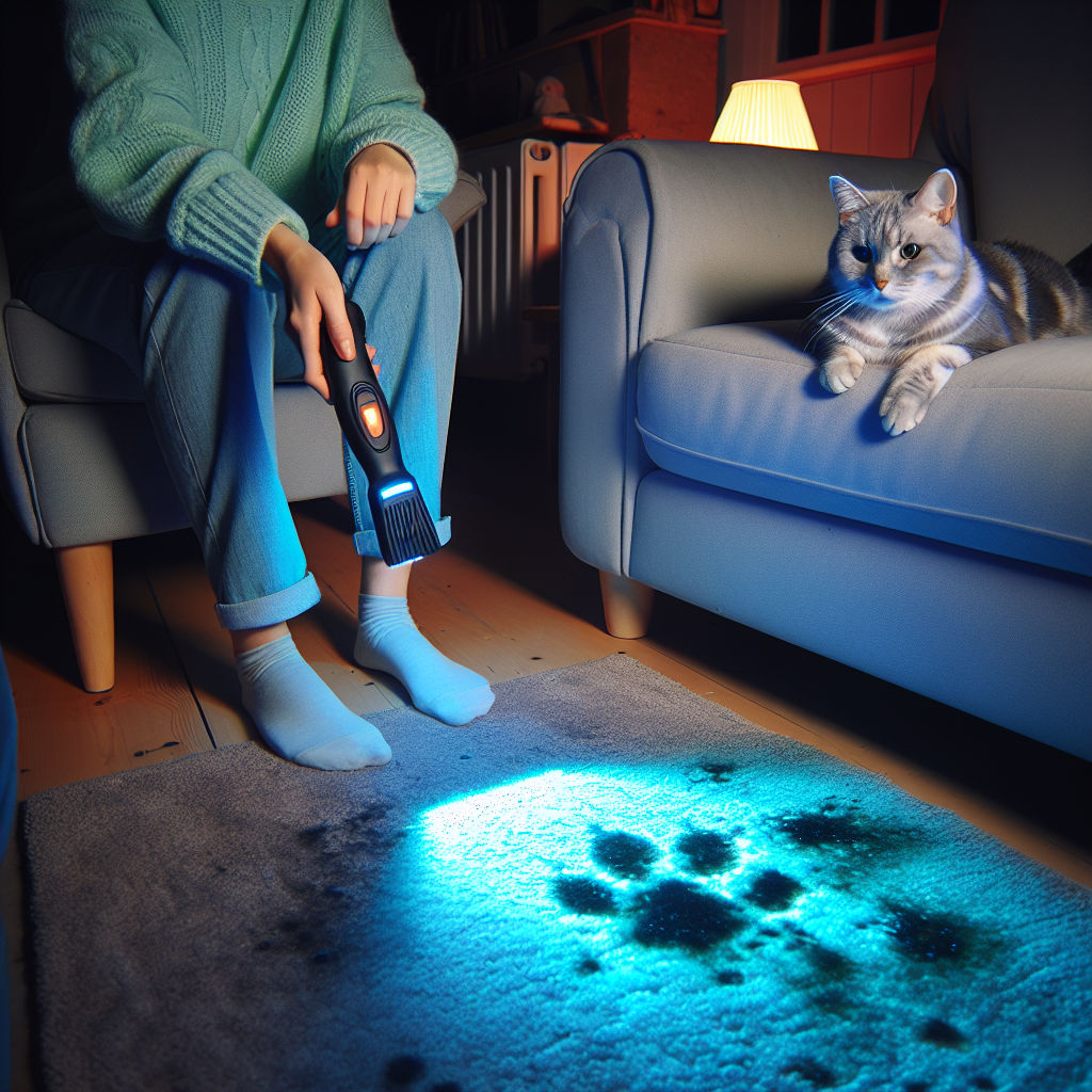 A slightly dimly lit, cozy living room. A person holds a UV blacklight lamp, revealing faint, glowing stains on a carpet, hinting at hidden old cat urine spots. A cat is curled up on a nearby armchair, observing with a calm expression, the overall mood suggesting discovery and a looming cleaning task.