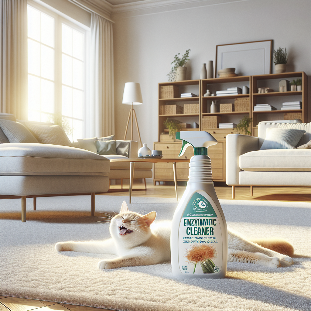 A bright, fresh, and clean living room, bathed in natural light, with a pristine carpet and comfortable furniture. A happy, relaxed cat is stretching on a plush rug. A discreet, modern bottle of 'enzymatic cleaner' is visible on a coffee table, symbolizing the successful removal of unpleasant odors and a revitalized home.