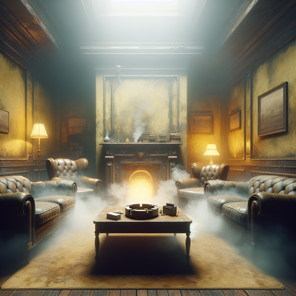 Realistic photo of an old living room, dimly lit, with a visible smoky haze in the air. Walls are subtly discolored yellow from nicotine, conveying a strong, stale cigarette smell. An old, empty ashtray sits on a coffee table. The overall atmosphere feels heavy and unpleasant, reflecting a challenging cleaning task. No people.