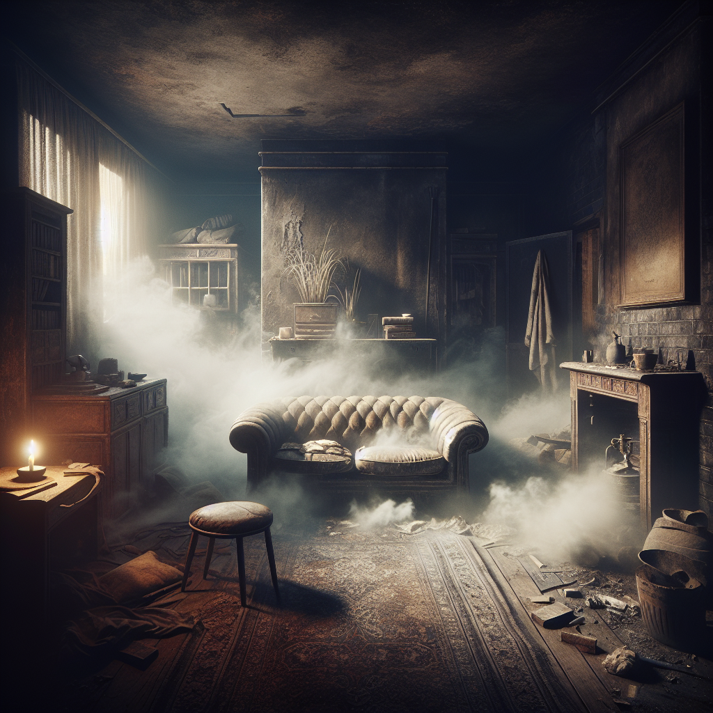 A dimly lit, slightly aged living room, heavy with the subtle visual impression of stale air and an old smoke smell. The furniture appears a bit dingy, and the atmosphere is oppressive, reflecting the challenge of persistent odors. No visible smoke or people.