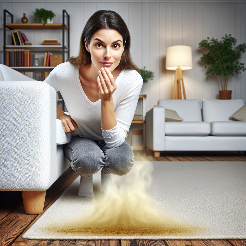A person with a slightly puzzled and concerned expression, subtly sniffing the air in a home setting. A very faint, almost invisible, unpleasant yellowish-brown vapor subtly rises from a spot on a carpet or near furniture, indicating a persistent, old urine odor. The room is otherwise clean and domestic, emphasizing the hidden, stubborn nature of the smell. Realistic, indoor photography style.