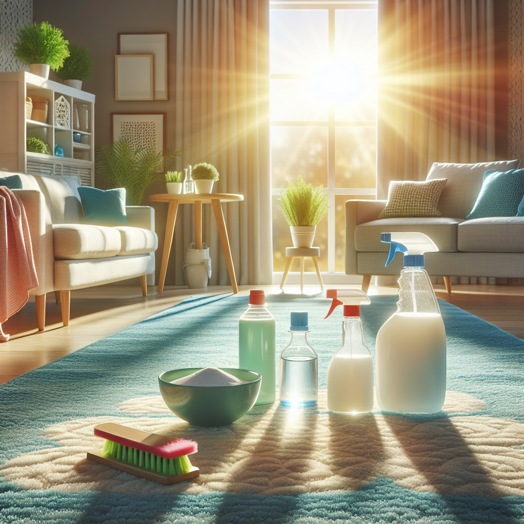 A bright, airy, and impeccably clean living room, bathed in warm sunlight streaming through a window. The carpet and upholstery look fresh and vibrant. In the foreground, on a clean surface, are several common, natural cleaning items: a bowl of baking soda, a bottle of white vinegar, and a spray bottle, suggesting effective home remedies. The overall atmosphere conveys freshness, relief, and successful odor elimination. Realistic, inviting, domestic setting.