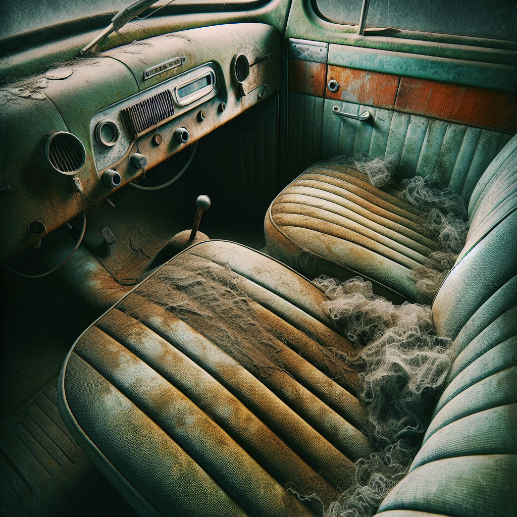 A close-up of a neglected, old car interior, with faded and stained fabric seats, a dusty dashboard, and subtle visual cues like a slight green tint in shadows or faint wavy lines in the air suggesting a strong, unpleasant musty smell. Emphasize grime and age. Realistic photo.