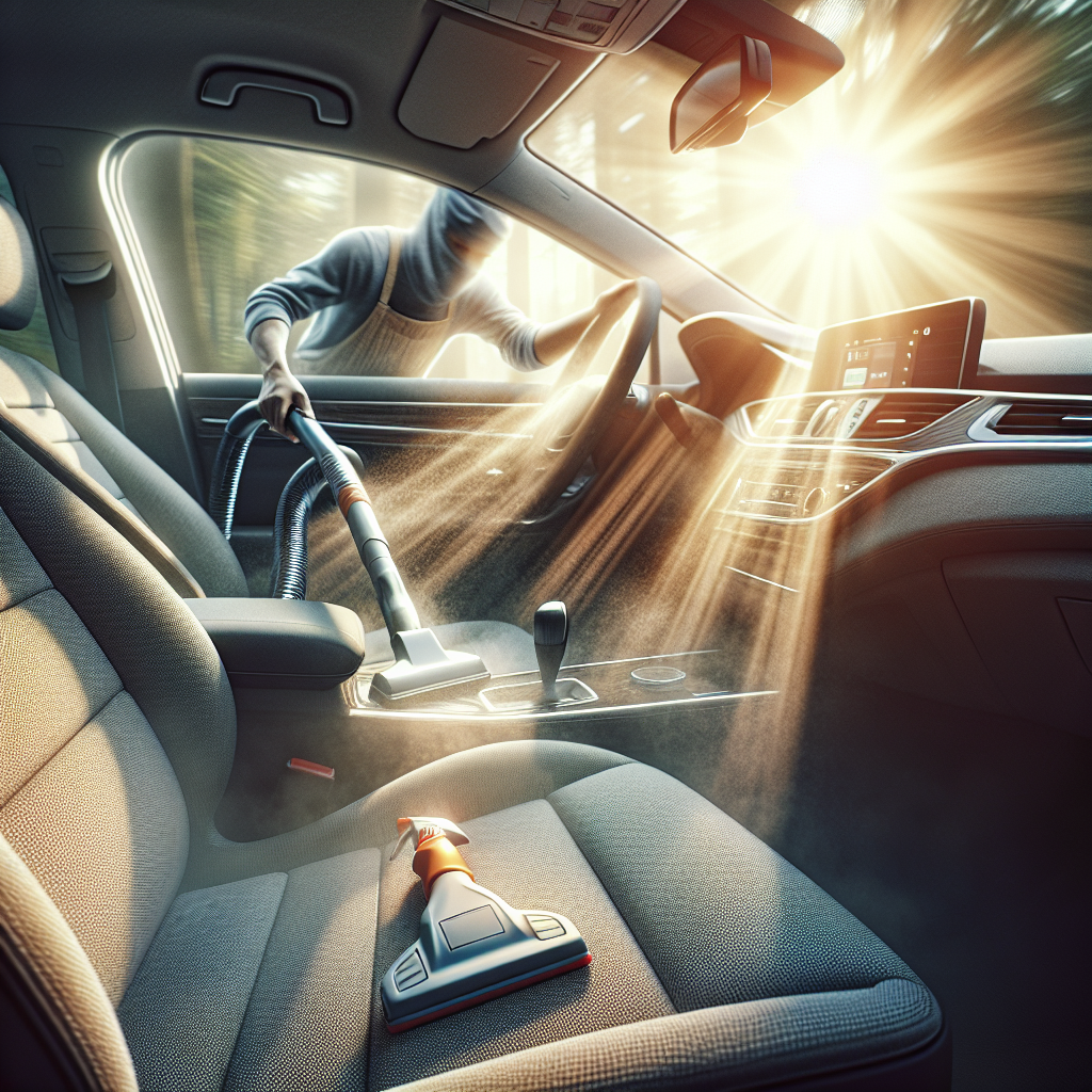 A bright and clean car interior, with a person's hands diligently vacuuming the fabric seats and wiping down the dashboard with a spray bottle and cloth. Sunlight streams through the window, highlighting a sense of freshness and revitalization. Focus on the cleaning action. Realistic photo.