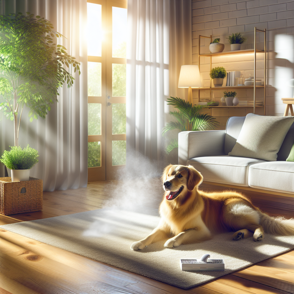 A bright, fresh, and inviting living room. Sunlight streams in, illuminating clean surfaces. A content golden retriever lies on a spotless rug. The air looks visibly pure and clean, with a subtle, almost imperceptible mist dissipating from the center of the room, symbolizing the successful elimination of unpleasant odors. The overall atmosphere is peaceful and refreshing, conveying a sense of renewed freshness and well-being. Modern photography style.