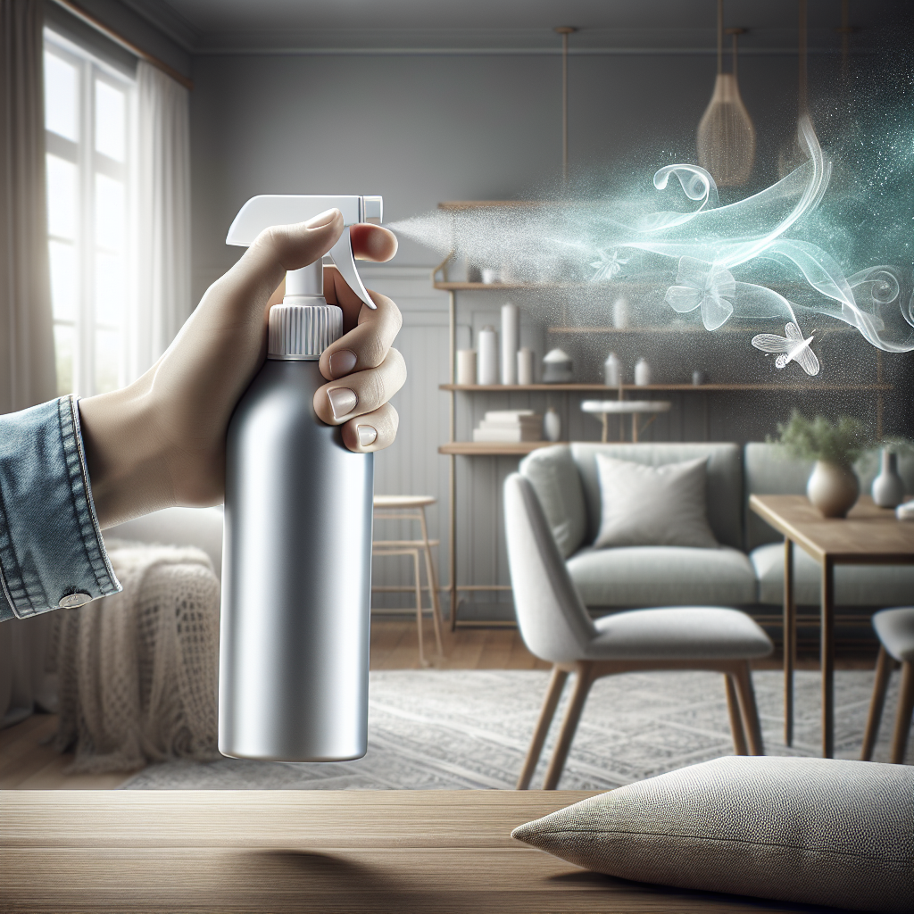 A hand holding a sleek, modern spray bottle of Ambratec Geruchsentferner, aiming it towards a variety of surfaces in a clean home environment. In the background, subtly blurred, are a soft textile (like a sofa cushion), a polished wooden table, and an open window with fresh air implied. The spray coming from the bottle transforms into a clear, refreshing mist that visibly cleanses and purifies the air and surfaces, removing invisible unpleasant odors. The scene is bright and highlights the product's versatility and effectiveness. Clean, commercial photography style.