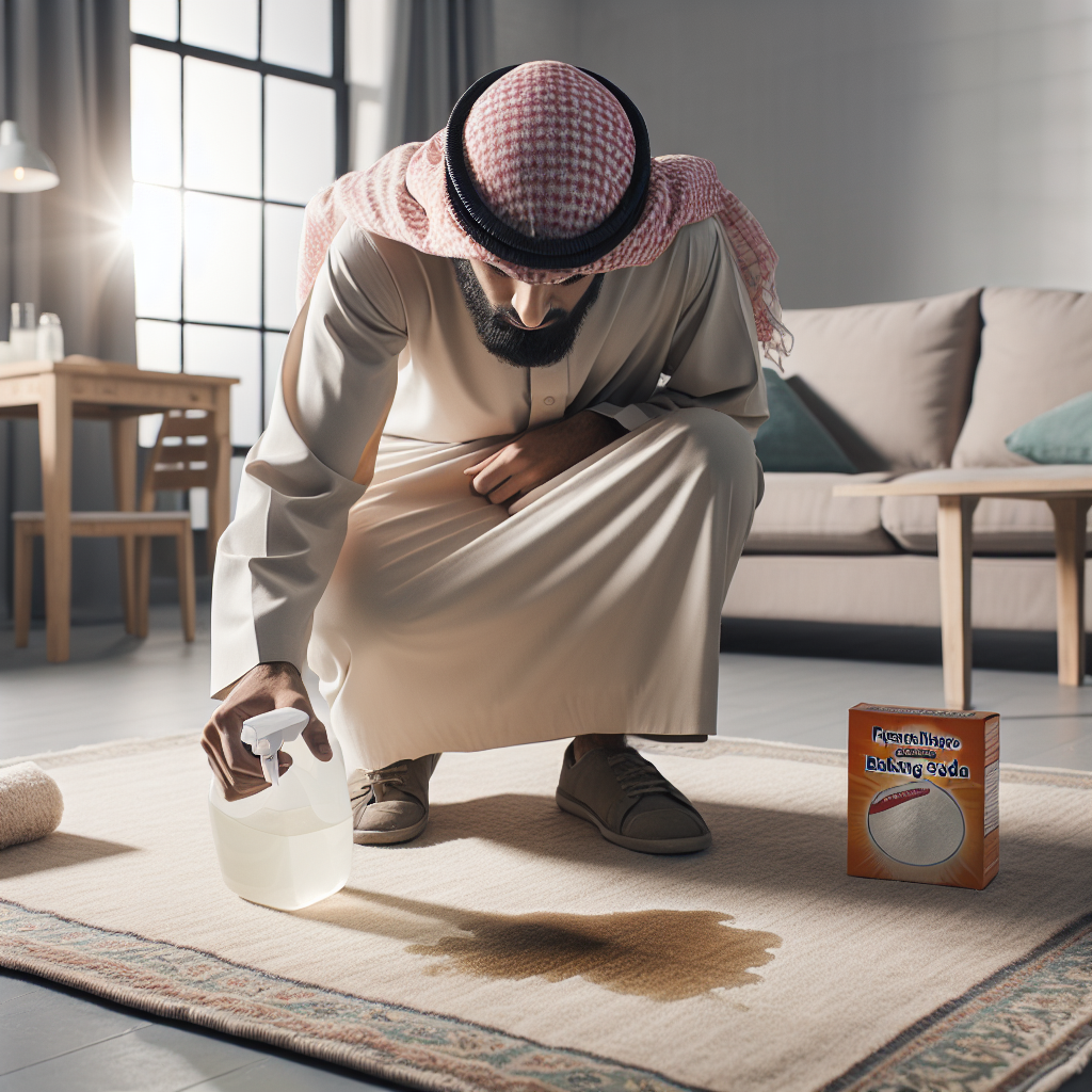 A person gently cleaning a small, fresh urine spot on a light-colored textile (e.g., rug, sofa) in a clean, bright room. A spray bottle of white vinegar and a container of baking soda are visible nearby on a counter or table. The overall atmosphere is fresh and clean, with a subtle visual representation of a bad ammonia smell dissipating into the air, replaced by freshness. Focus on natural light and a sense of effective household cleaning.