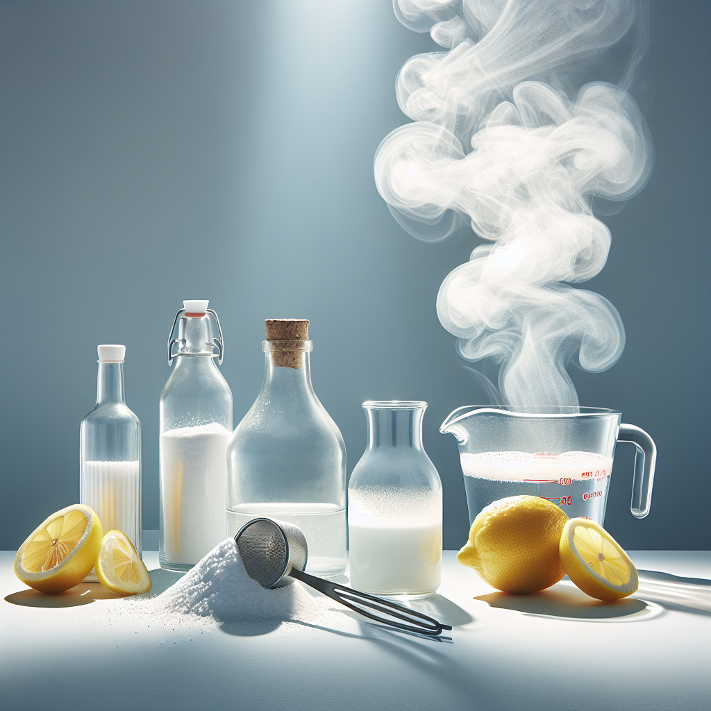 A visually appealing still life composition featuring common household items that neutralize odors: a glass bottle of white vinegar, a measuring cup with baking soda powder, and a few slices of fresh lemon. These items are artfully arranged on a clean, light surface. A faint, symbolic cloud of unpleasant ammonia odor is shown visibly shrinking or transforming into a clean, fresh, almost invisible mist, emphasizing the neutralizing effect. Bright, clean aesthetic.