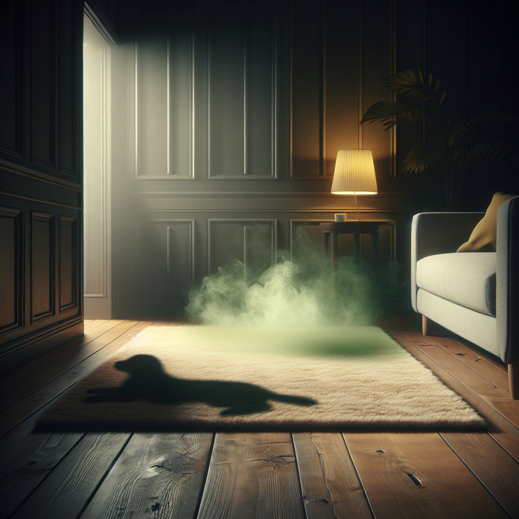 A slightly muted, atmospheric photo of a cozy living room corner. A soft, subtle, unpleasant green-yellow haze subtly rises from a small, dark stain on a light-colored rug, symbolizing an ammonia smell. A hint of a pet's shadow can be seen in the distant background. The light is dim, creating a slightly uncomfortable mood. Focus on the visual representation of an unpleasant odor.