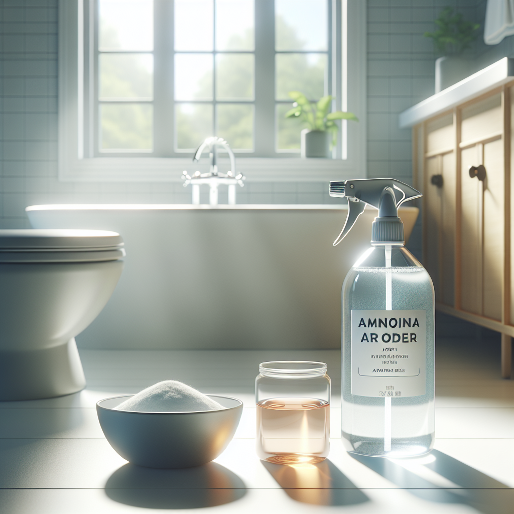 Ein sauberes, helles Badezimmer mit natürlichem Licht, das eine frische Atmosphäre ausstrahlt. Im Vordergrund steht ein modernes Ammoniak-Geruchsentferner-Spray und daneben eine kleine Schale mit Essig und Natron. Der Raum wirkt frisch und geruchsfrei. Realistisch, fotografischer Stil.