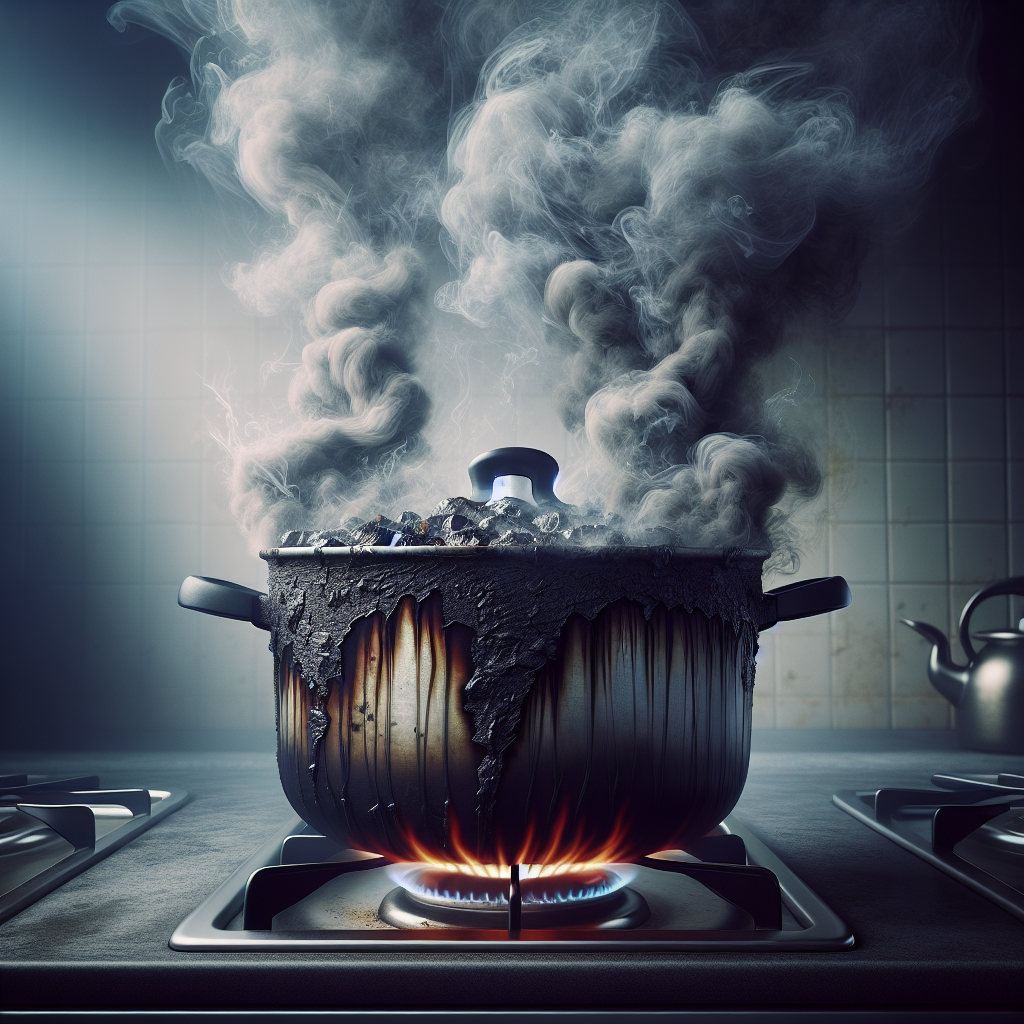 A severely burnt cooking pot on a kitchen stovetop, its interior charred black. Wisps of unpleasant, greyish smoke visibly emanate from it, symbolizing a strong, bad smell that fills the kitchen. The scene has a slightly frustrated or urgent atmosphere. Realistic, dramatic lighting.