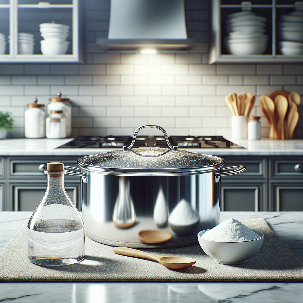 A sparkling clean stainless steel cooking pot sitting on a bright kitchen counter. Next to it, a bottle of household vinegar and a small bowl containing white powder (like baking soda) are neatly arranged, representing home remedies. The scene conveys freshness and cleanliness, with soft natural light illuminating the kitchen. Still life, domestic, clean aesthetic.