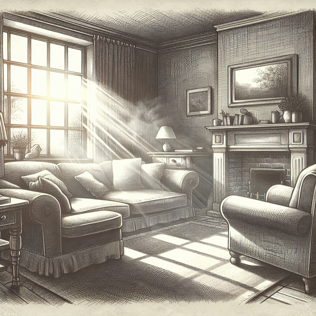 A cozy, but noticeably stale-looking living room, with a faint, grayish haze subtly clinging to the air and furniture. Sunlight streams through a window, but the overall atmosphere feels heavy and uninviting, conveying the lingering presence of an unpleasant smell. Focus on the subtle visual cues of staleness and a sense of discomfort.