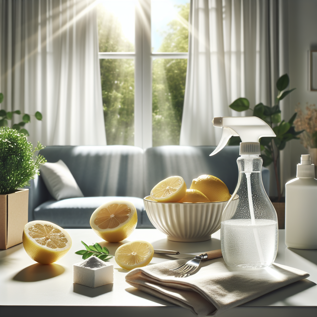 A bright and airy home environment, with sunlight streaming through an open window and fresh white curtains billowing gently. On a clean surface, there are symbolic elements like a bowl of fresh lemon slices, an open box of baking soda, and a spray bottle, conveying natural and effective methods for removing odors. The overall scene should radiate freshness, cleanliness, and a sense of relief from bad smells.